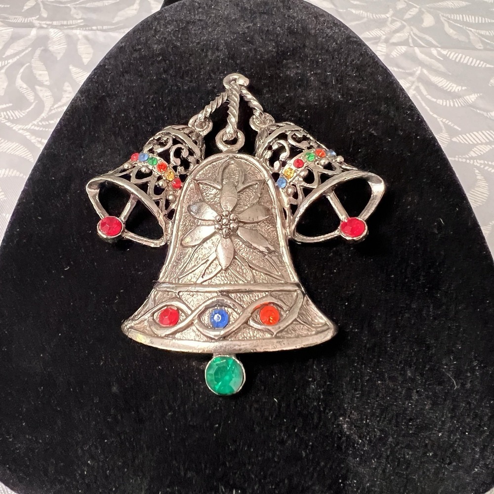 VINTAGE Beatrix‎ Christmas Bells Necklace Rhinestone Silver Tone Huge Statement